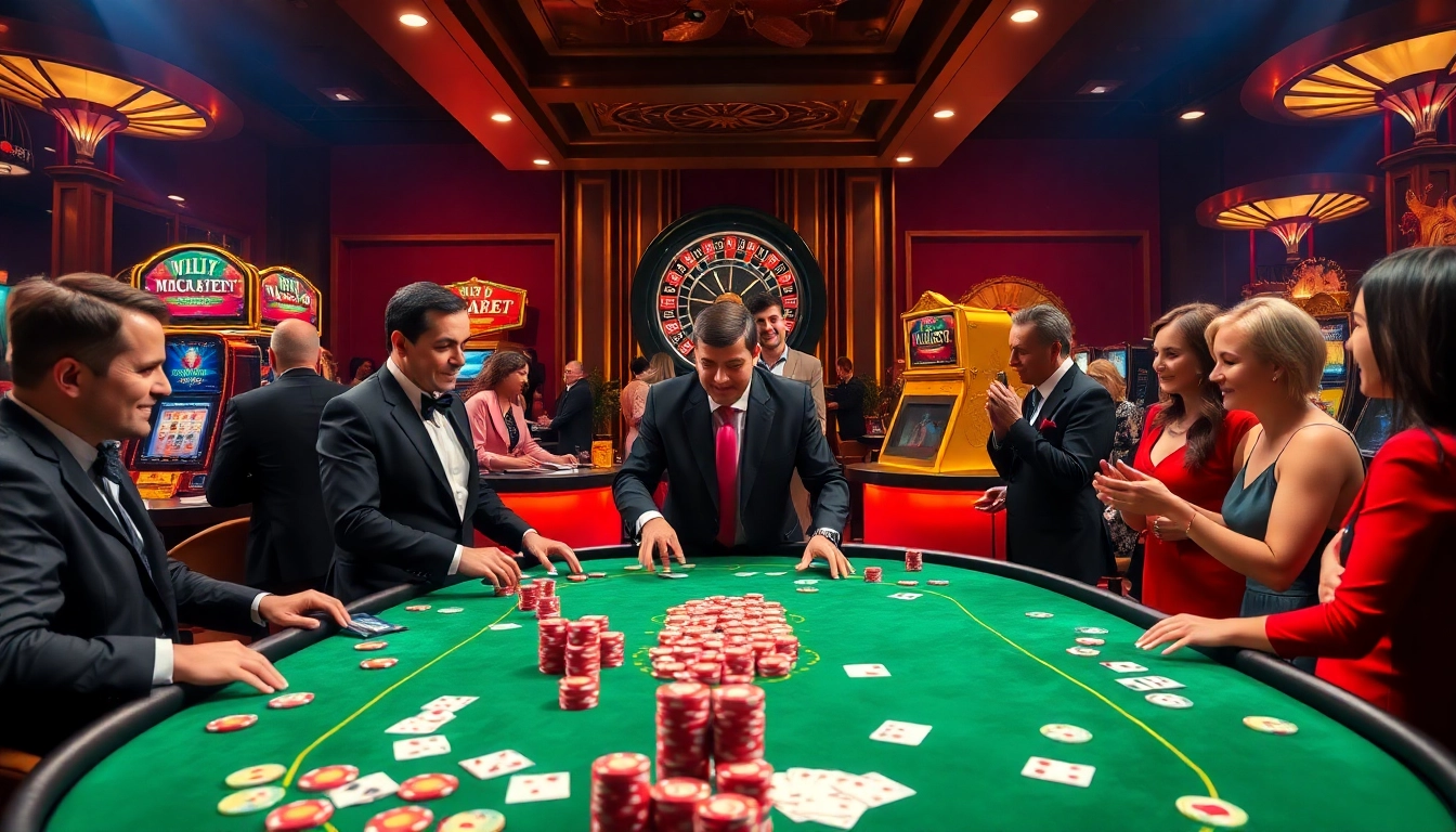 Catch the thrilling atmosphere at FABET with players celebrating wins at a luxurious poker table.
