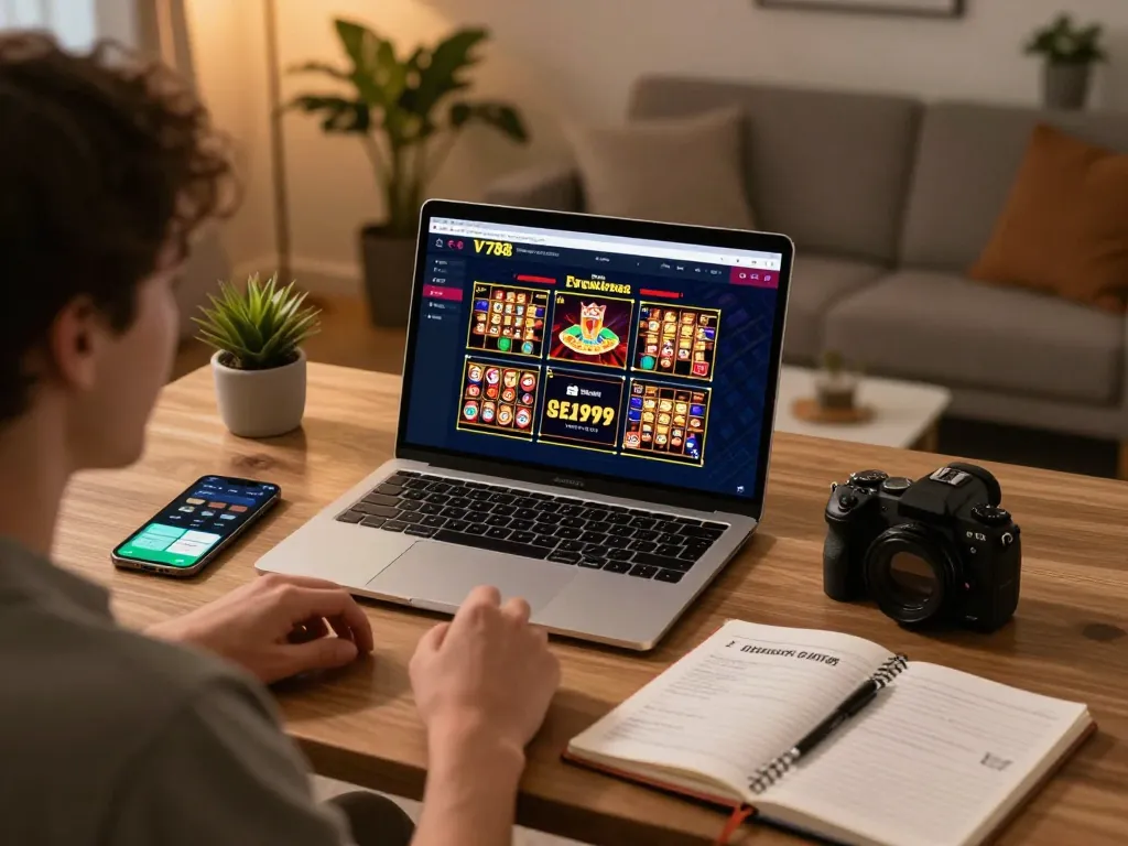 Engaging scene at https://v788.biz/ showing a person using a laptop for online gambling, with a clear view of casino games and responsible gaming elements.