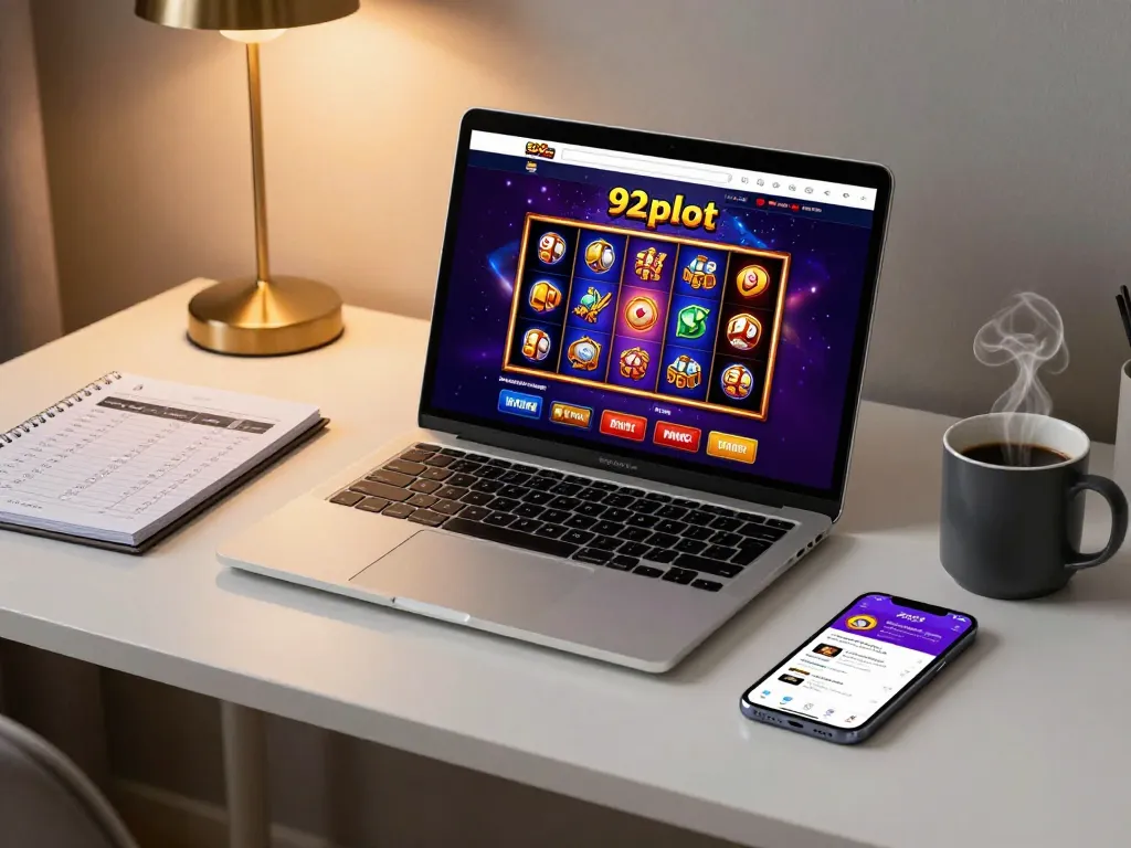 Engaged player enjoying vibrant slot games on 92slot at home, showcasing strategic gaming setup.