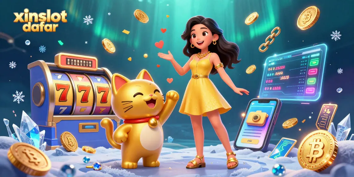 Engage with xinslot daftar in this vibrant casino scene featuring slot reels, lucky cat, and glowing coins.