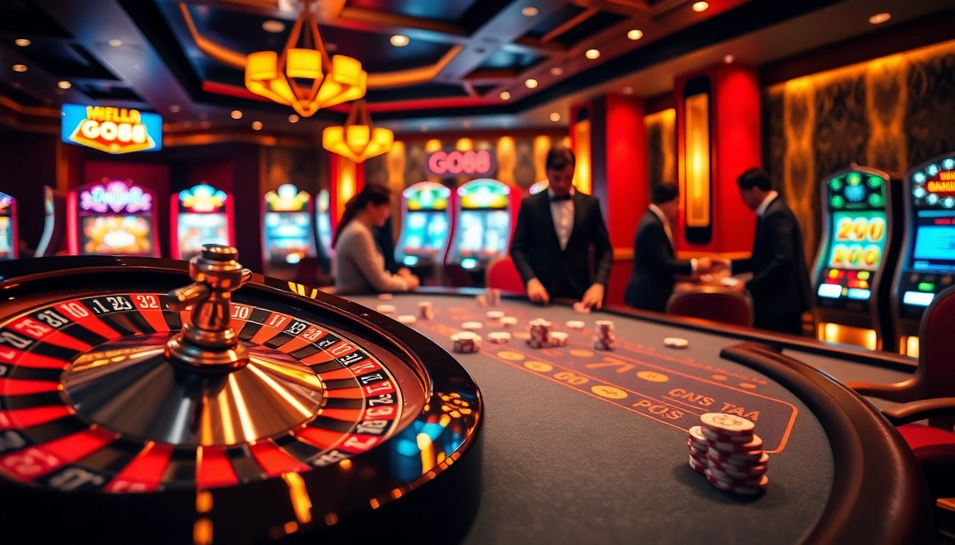 Exciting go88 casino scene with roulette wheel, chips, and slot machines creating a thrilling atmosphere.