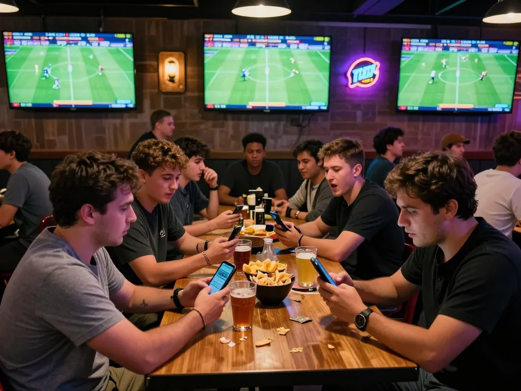 Fans eagerly placing bets on keonhacai during lively sports event at a bar, capturing the thrill and strategy.