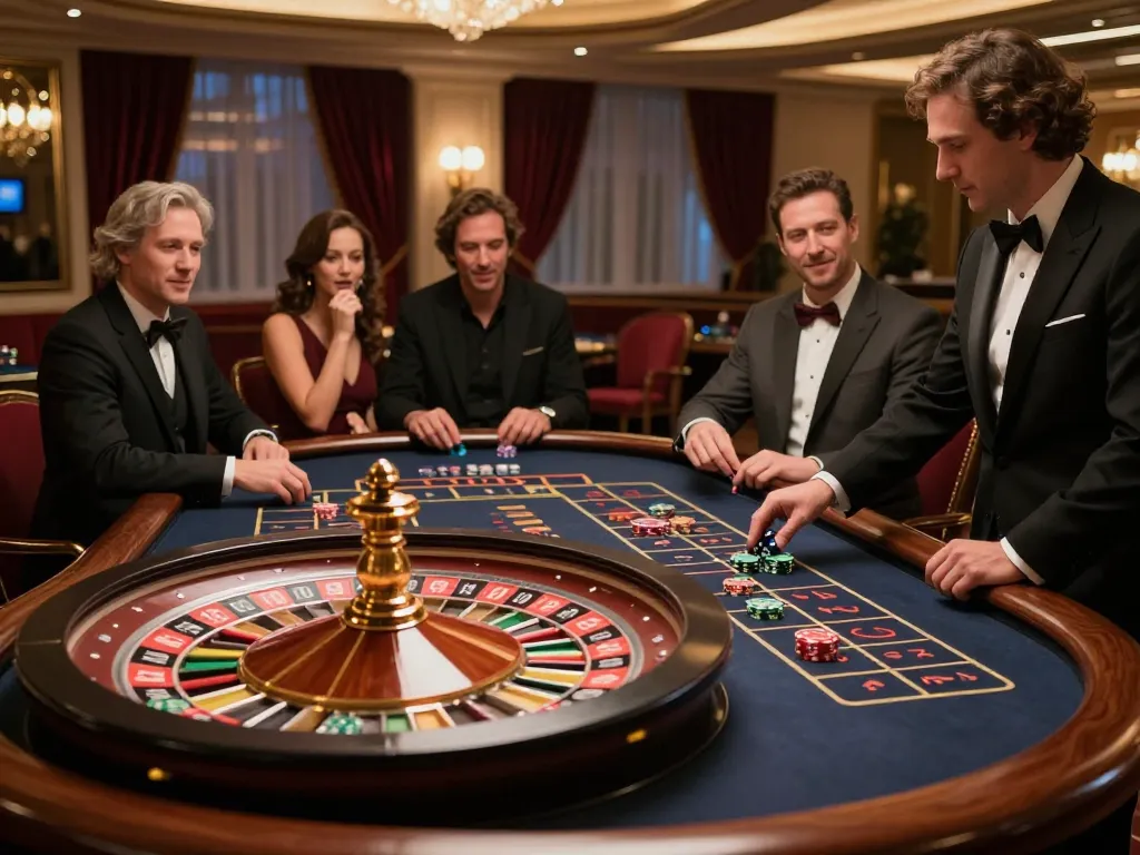 Players enjoying roulette at LUCKY88's elegant casino, vibrant atmosphere and exciting gameplay in action