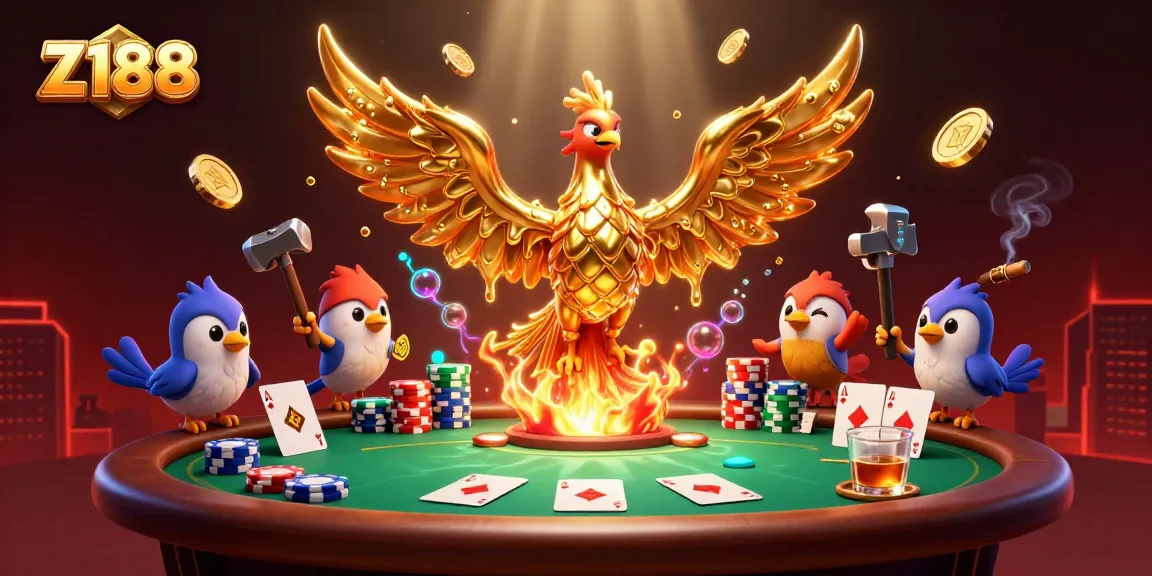 Win big with Z188 in a vibrant casino scene featuring a molten gold phoenix.