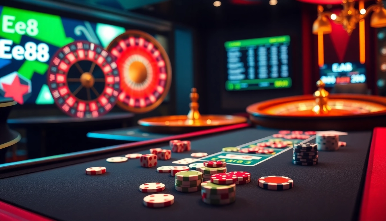 Experience excitement at Ee88 with vibrant casino visuals showcasing poker chips and a roulette wheel.