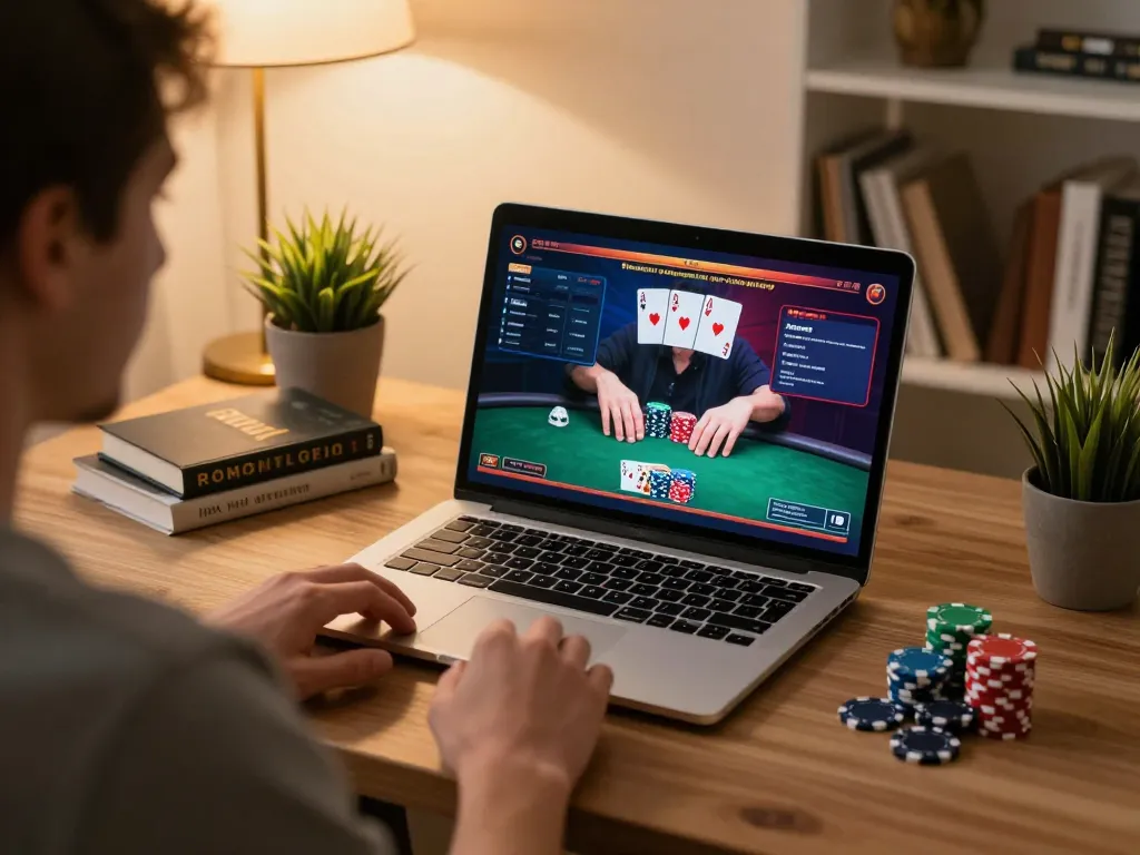 Engaging player assessing online poker strategy with nhà cái 79king displayed on laptop screen