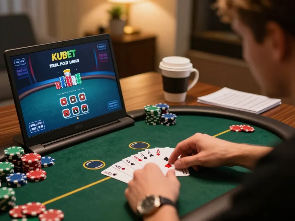 KUBET players strategizing in an online poker tournament with chips and cards visible.