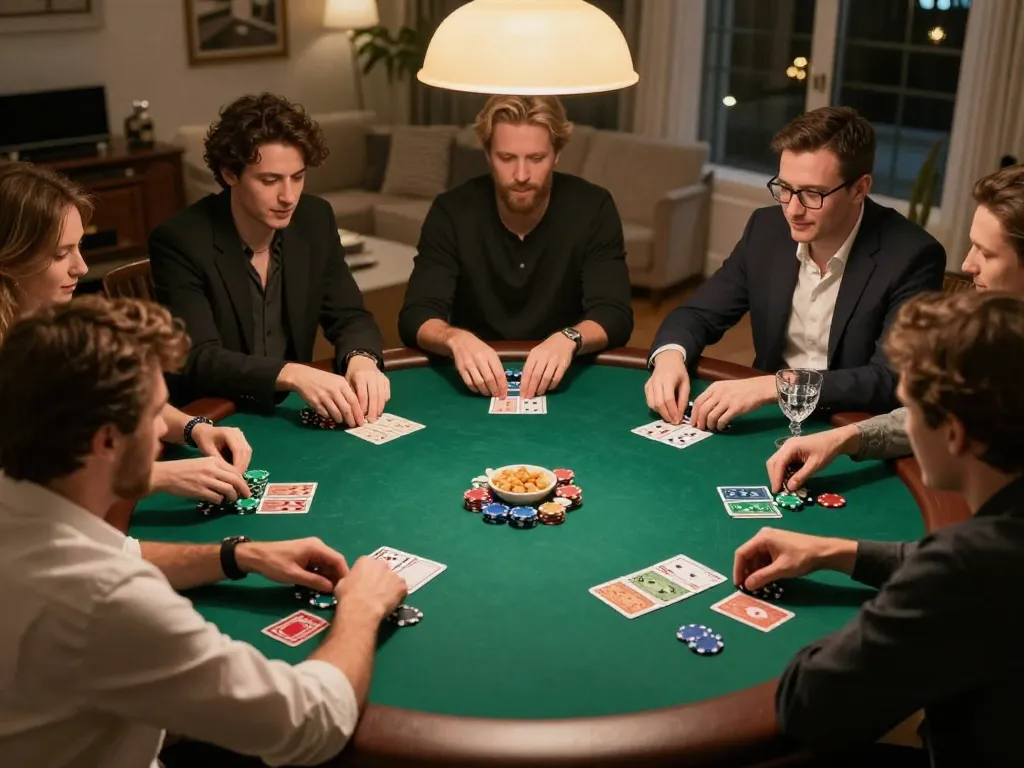 Players engaging in a high-stakes poker game at home, showcasing strategic gameplay with XX88.