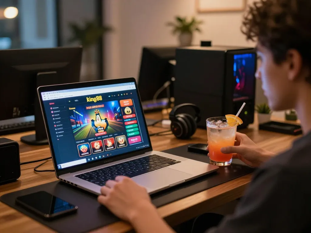 Engaging gameplay on king88 platform with a player focused on the online casino experience in a cozy setup