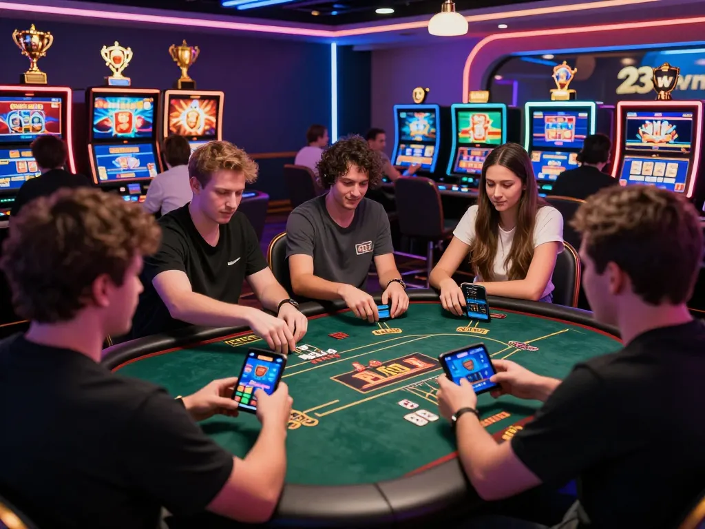 A diverse group of gamers experiencing the excitement of online betting at 23win casino, engaging in live dealer poker.