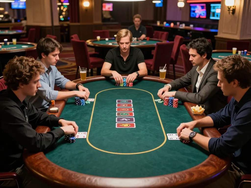 river4 players engaging in strategic poker gameplay at upscale casino table with vibrant chips