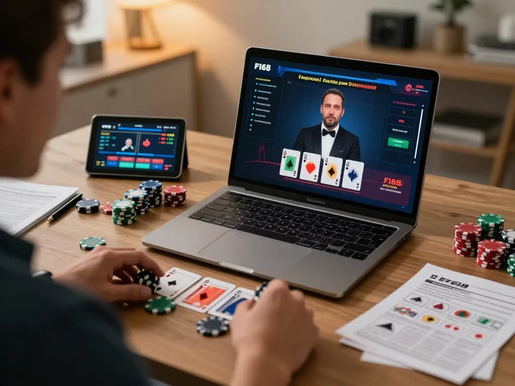 Player enjoying blackjack on laptop at F168, showcasing engaging online casino experience with strategic focus.