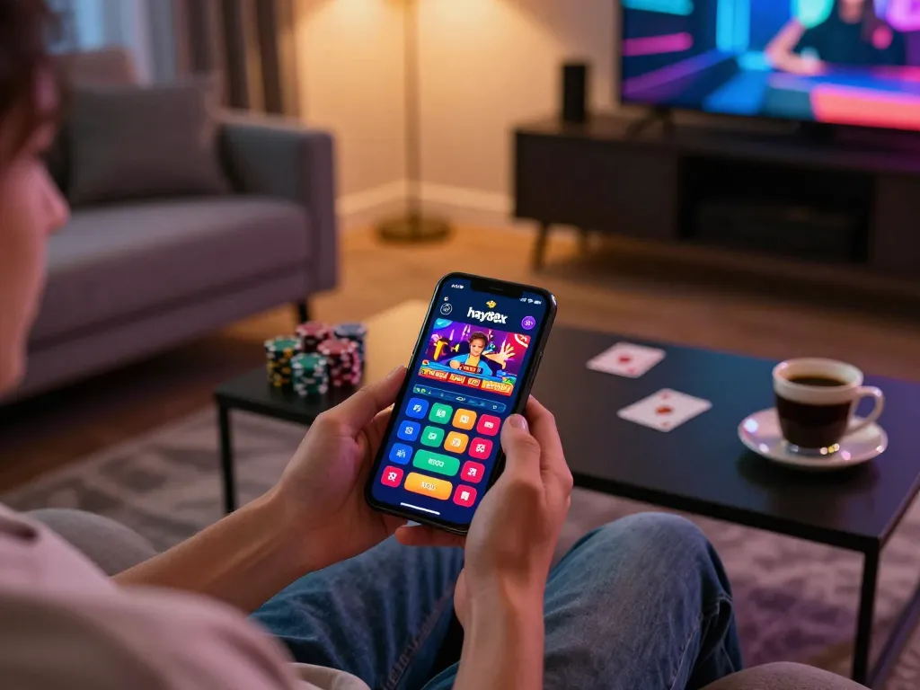 Engaging in mobile gaming with the hay88x app on a smartphone, showcasing a lively casino atmosphere.
