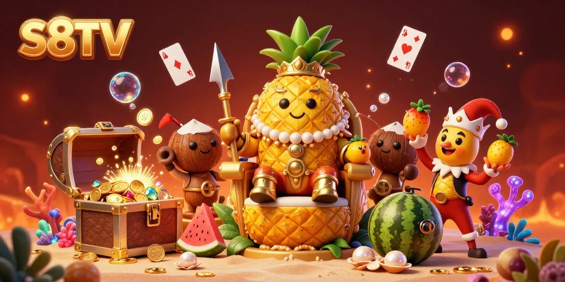 S8TV brings thrilling beach casino action with a golden pineapple king, vibrant treasures, and energetic characters.