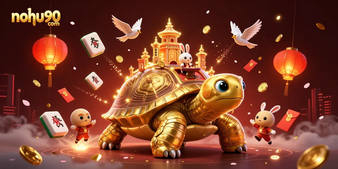 Spin the reels at nohu90 com with a vibrant 3D casino scene featuring golden rewards and festive decorations.