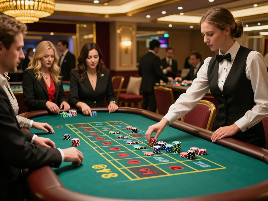 Tỷ lệ kèo nhà cái hôm nay at a roulette table where croupiers manage bets in a lavish casino environment.