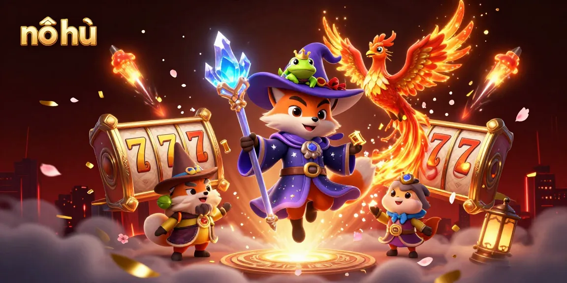 Experience thrilling nổ hũ action with dynamic characters and vibrant casino elements in this vibrant 3D illustration.