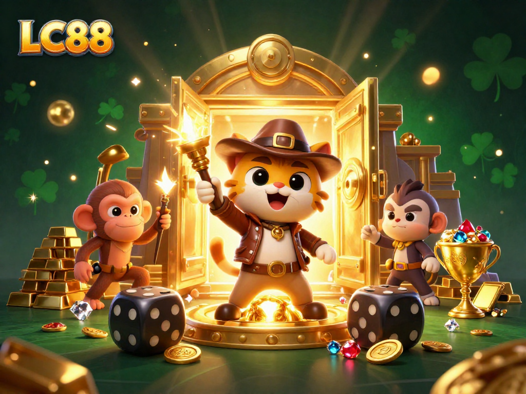 Experience thrilling wins at LC88 with an adventurous cat discovering casino treasures.