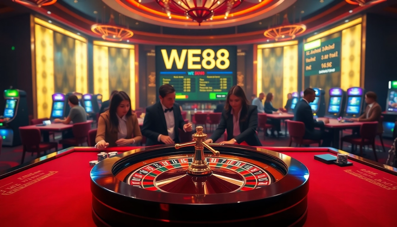 WE88 casino players engaged in high-stakes betting at a luxurious roulette table.