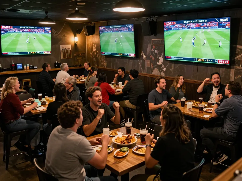 Kết quả bóng đá updates showing excitement in a lively sports bar during a match