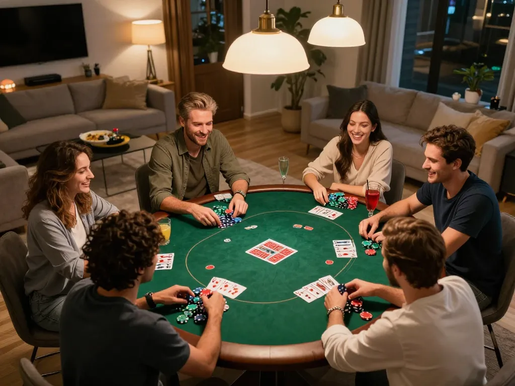Players enjoying an engaging poker night showcasing fly88 gaming strategies in a cozy home setting.