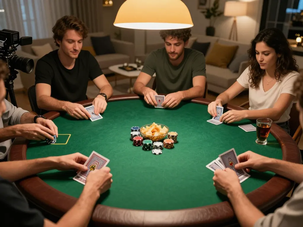 Players enjoying a strategic poker game at home, showcasing the engaging atmosphere and connection, with LV88 online gaming emphasis.