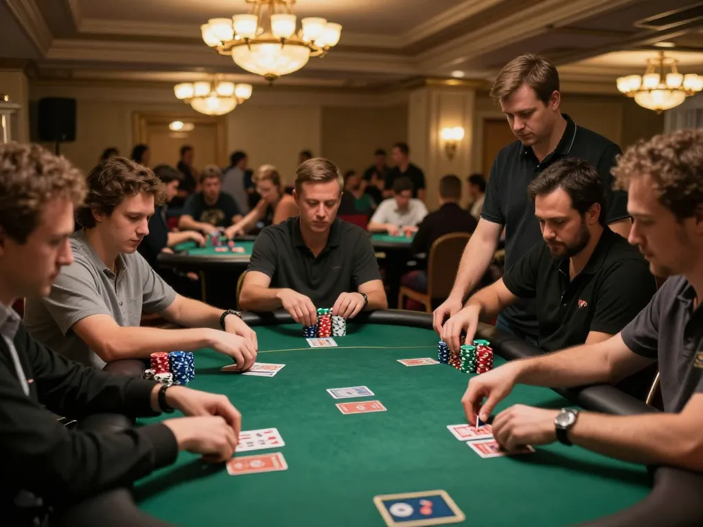 78winvina players engaging intensely during a high-stakes poker game in a luxurious casino setting.