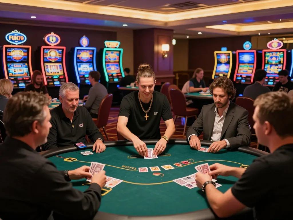 Players enjoying poker at FUN79 com casino, a vibrant gambling environment with engaging card games.