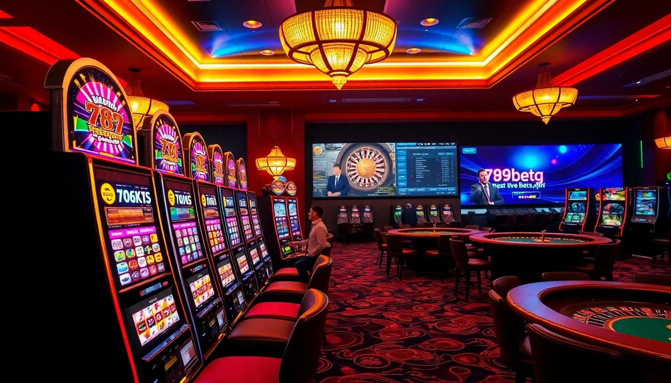 A dynamic gambling scene at https://789betg.com/ featuring slot machines with vibrant visuals, players engaged in gaming, and a luxurious casino atmosphere.