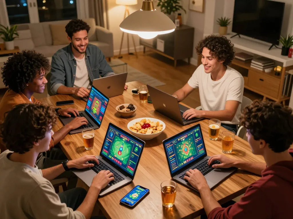 Lô Đề Uy Tín gaming scene with friends playing online in a cozy living room setting.
