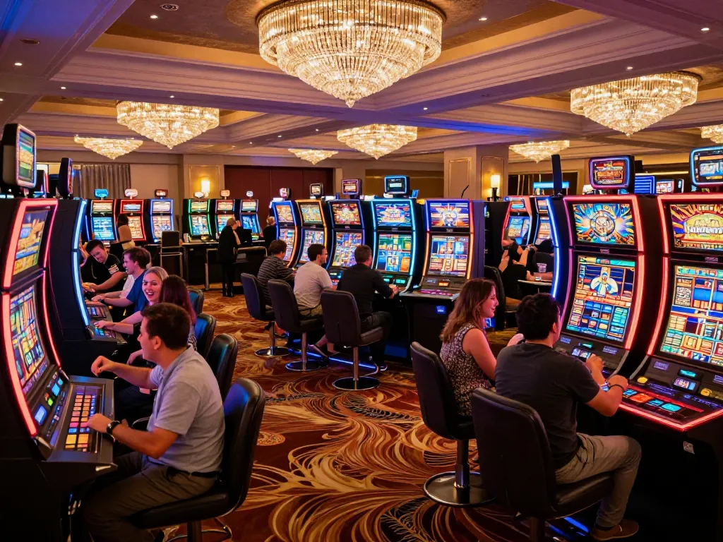 Players enjoying vibrant slots at 88clbgo's lively casino floor, showcasing excitement and community.