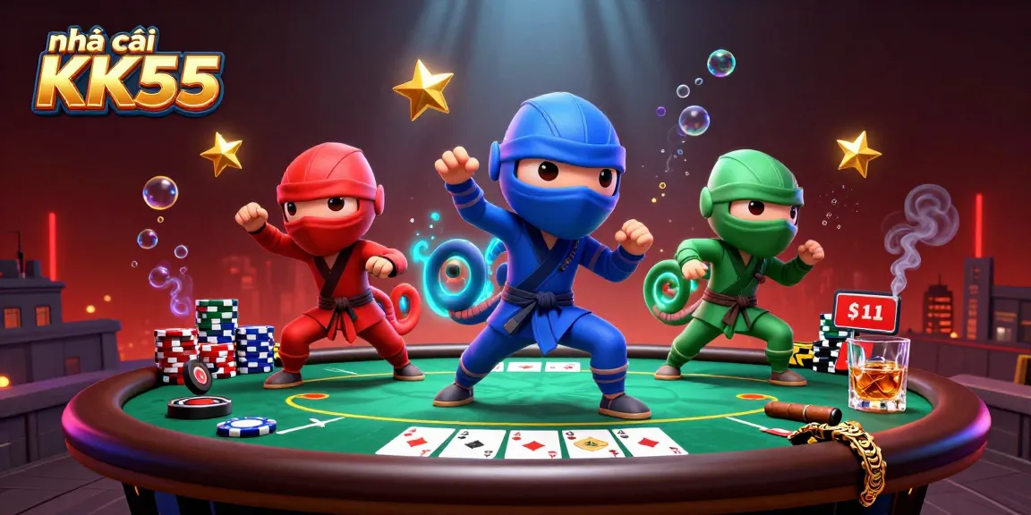 Engage in thrilling action with nhà cái KK55 featuring a colorful ninja chameleon team amidst vibrant casino elements.