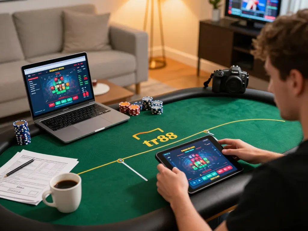 Playing tr88 poker on a tablet at home with strategic notes nearby