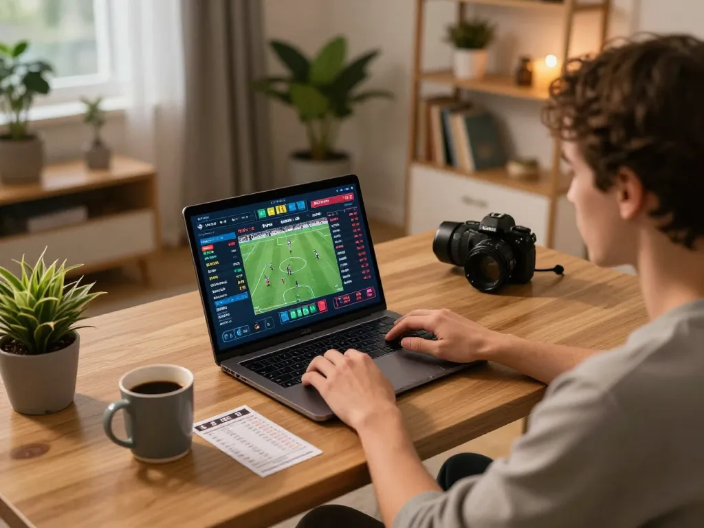 Engaging in strategic sports betting with nhandinhkeonhacai on a laptop showing live odds and statistics
