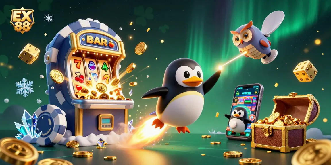 Experience the thrill with EX 88: a colorful casino adventure featuring a lucky penguin and exciting gameplay elements.