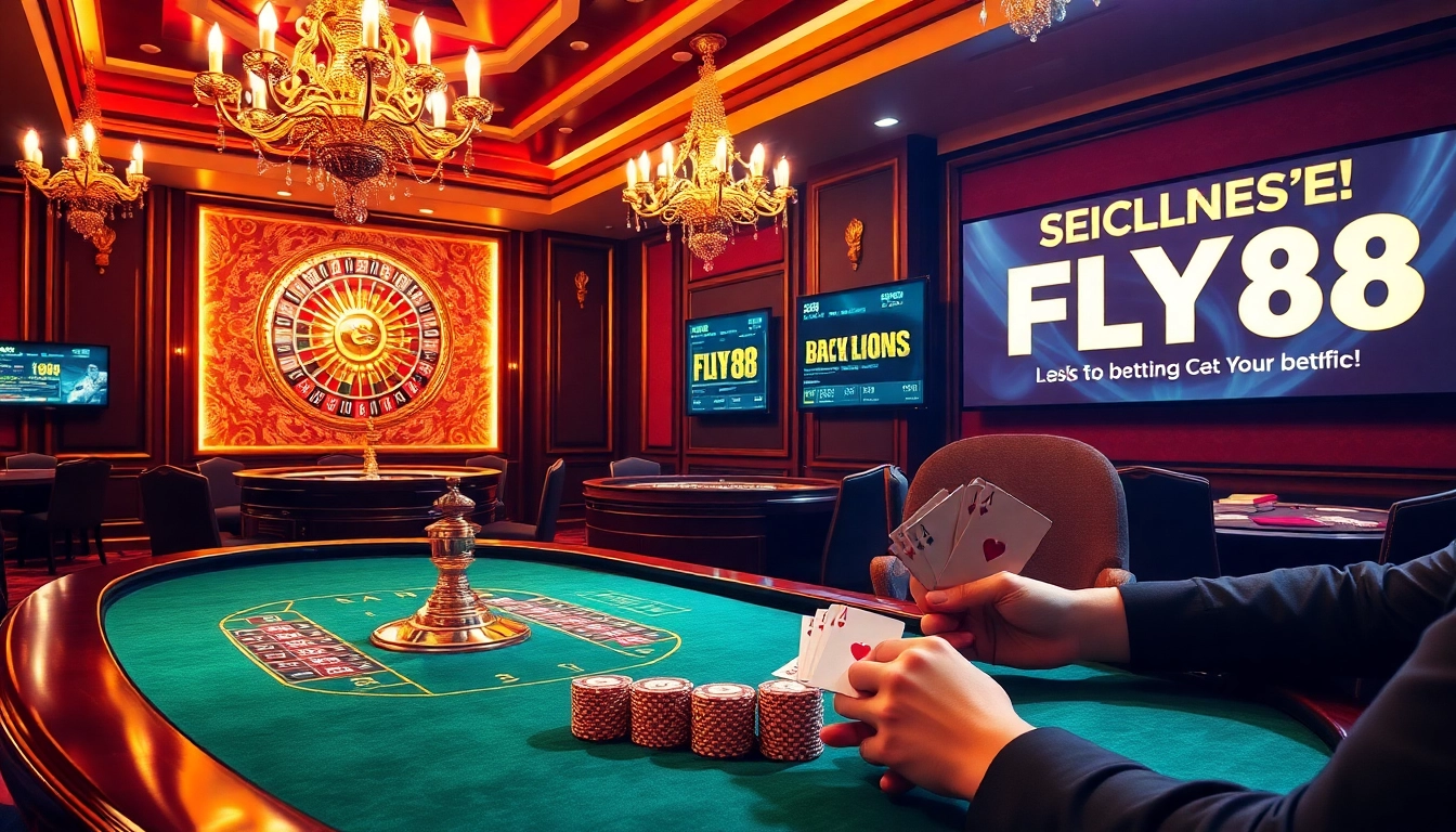FLY88 casino scene showcasing poker players and a roulette wheel in luxurious setting