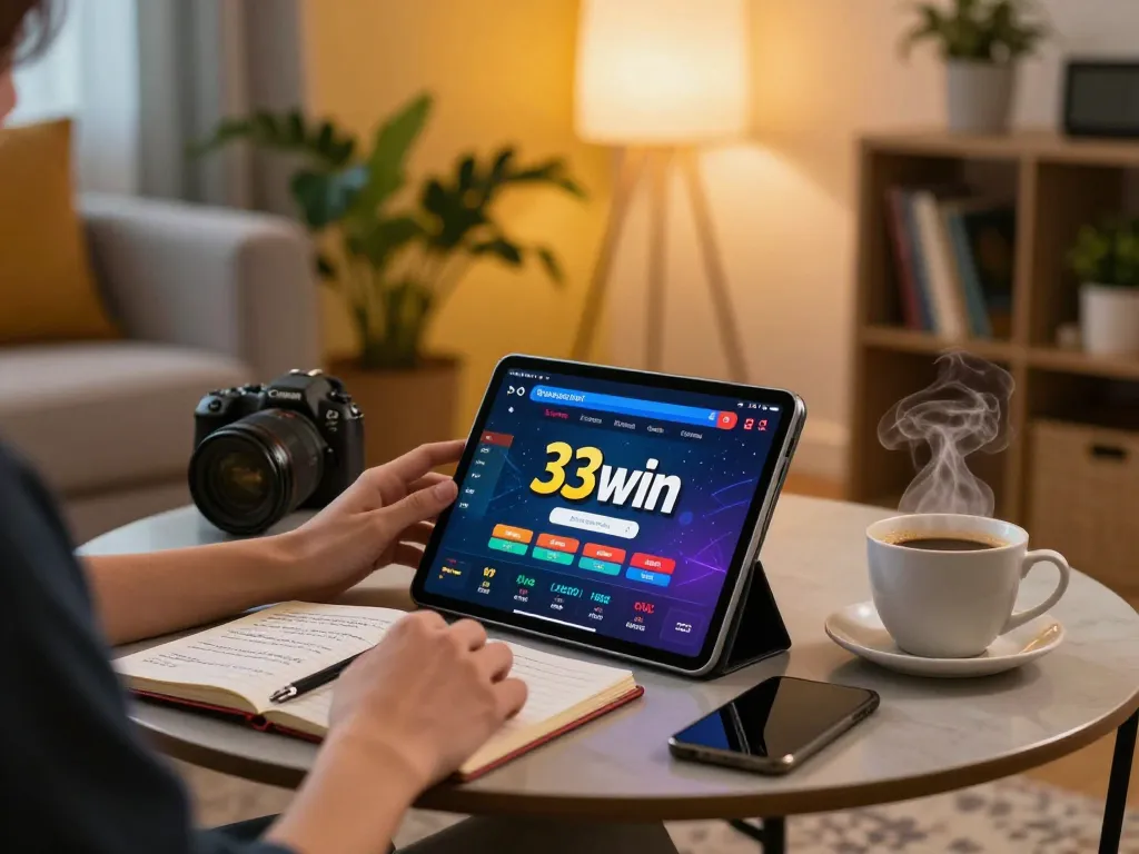 Player engaging with the 33win casino app in a cozy home setting while analyzing gaming strategies