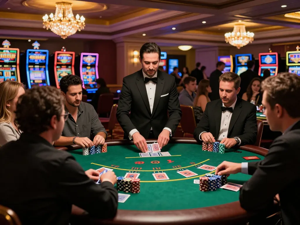 Sunwin blackjack players strategizing at an upscale casino table with vibrant ambiance.