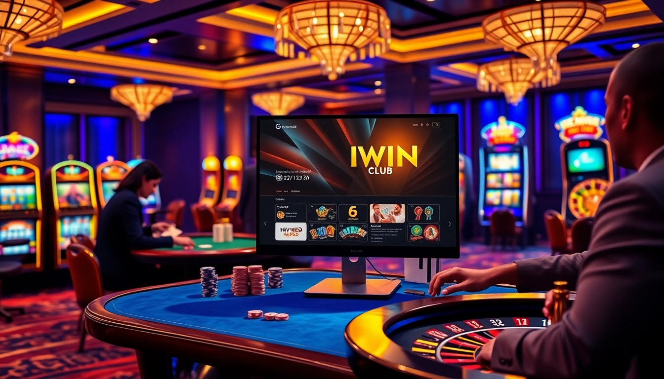 Interactive gaming experience at IWIN Club with vibrant casino tables and slot machines.