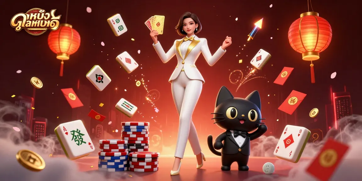 Experience ดูหนังออนไลน์ as a glamorous woman shuffles golden cards surrounded by vibrant casino elements and festive decor.