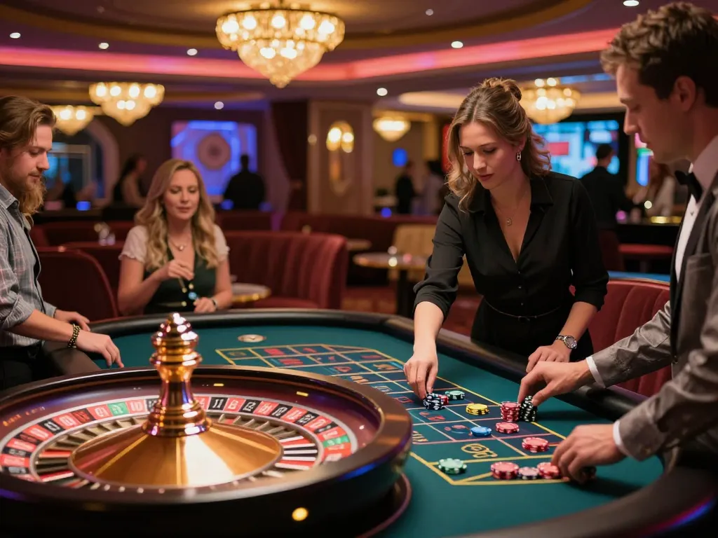Players engage at a KUWIN roulette table, capturing vibrant atmosphere and excitement in a casino.