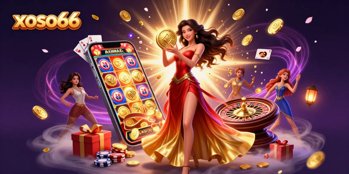 Experience the excitement of xoso66 with stunning visuals of a beautiful Asian woman holding a golden coin amidst dynamic gaming elements.