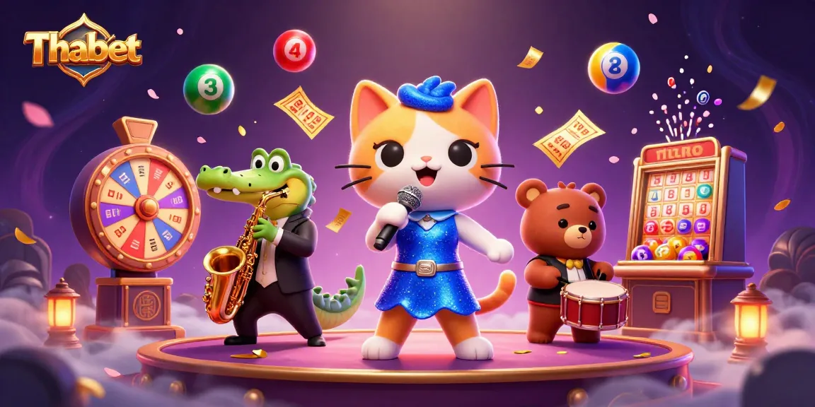 Thabet showcases vibrant casino life, featuring colorful characters amid gaming excitement and dynamic lottery elements.