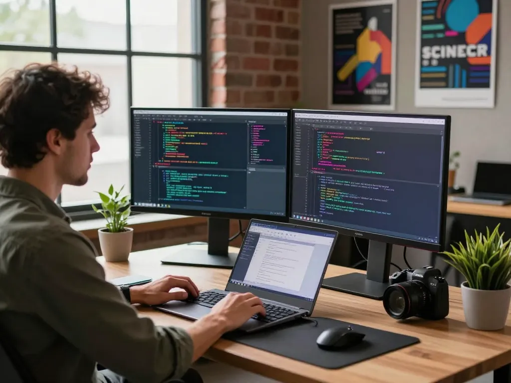 Developer at tech workspace displaying code on dual monitors, symbolizing innovation at https://c168.date/