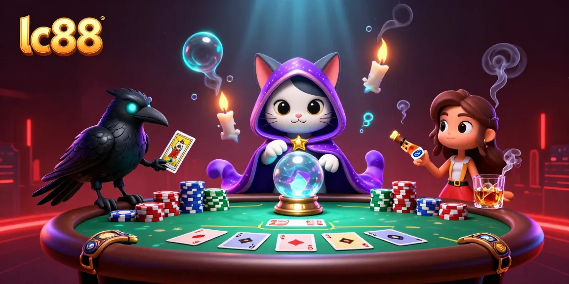 Engage in thrilling gaming with lc88; a mystical cat, tarot raven, and poker elements.