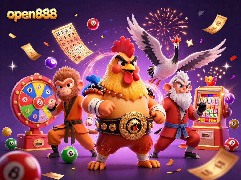 Experience the excitement of open888 with vibrant lottery elements and dynamic characters.