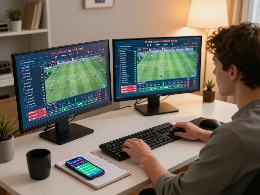 Person analyzing live sports betting odds at keonhacai5 on multiple screens.