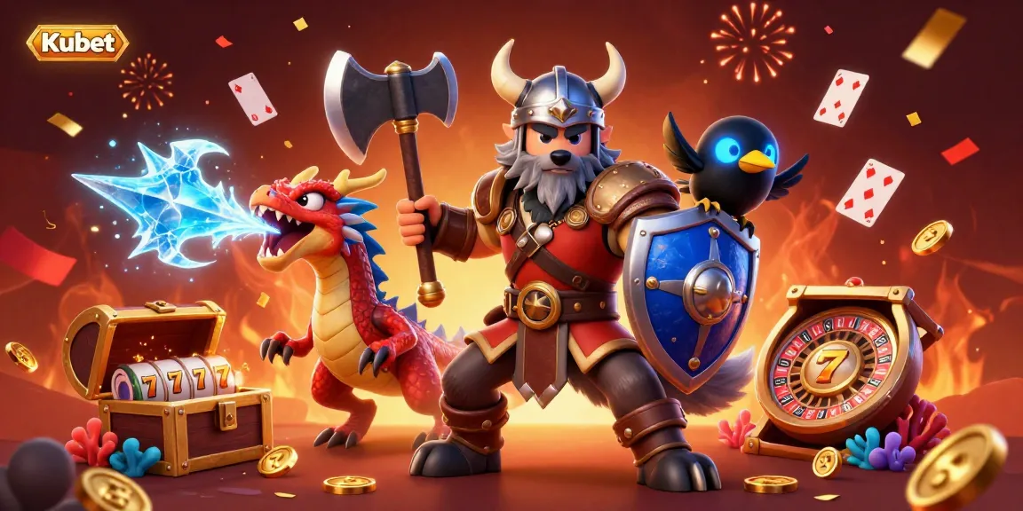 Kubet's vibrant 3D illustration with a Viking wolf warrior, fierce dragon, and playful raven in an exciting gaming environment.