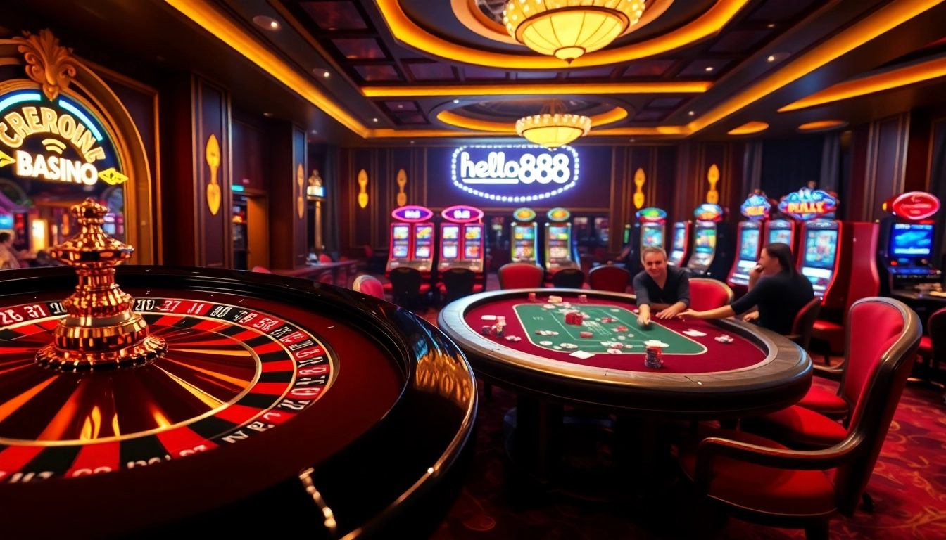 Hello88 players celebrate winning at a vibrant poker table in a luxurious casino setting.
