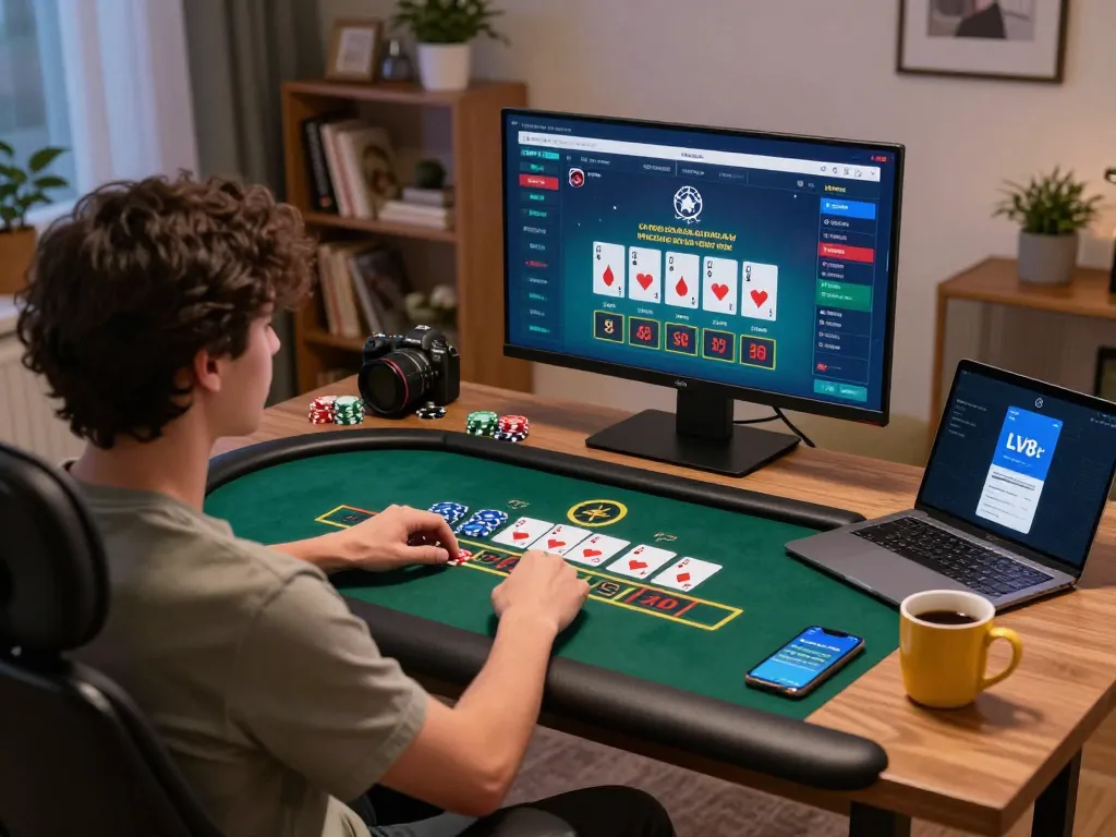 Player engaged in live dealer blackjack on LV88, showcasing a vibrant online gaming setup at home.